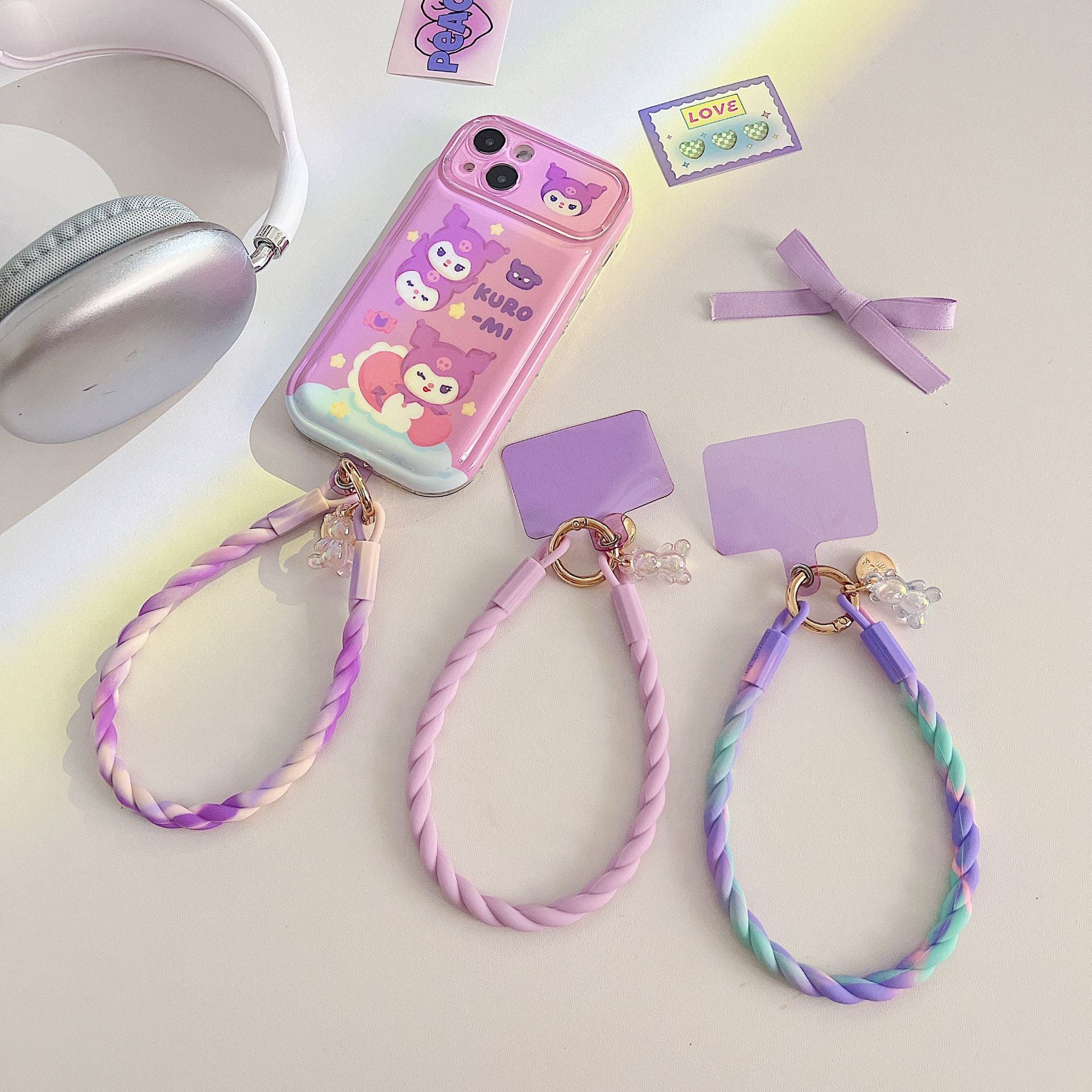 Macaron-Colored Silicone Phone Lanyard — Glow-in-the-Dark Bear Charm, Detachable Wrist Strap & Anti-Loss Phone Chain