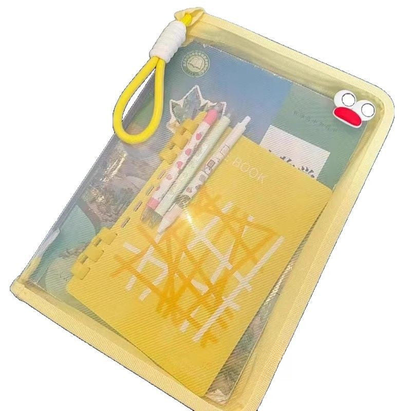 Macaron-colored transparent A4 document bag, large capacity, can hold textbooks, zippered student carry handle, thickened waterproof storage bag.