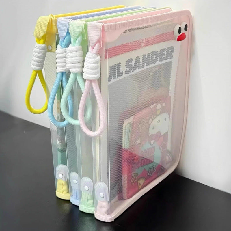 Macaron-colored transparent A4 document bag, large capacity, can hold textbooks, zippered student carry handle, thickened waterproof storage bag.