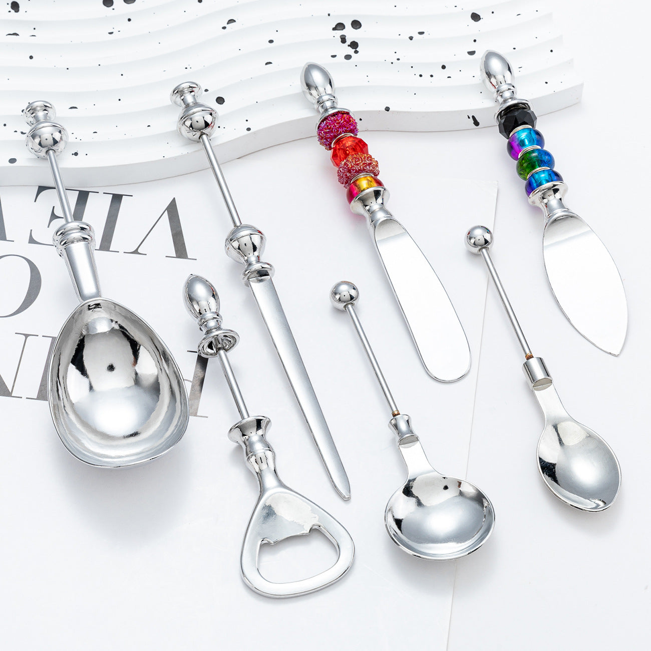 DIY Beaded Cutlery Set: Bottle Opener, Butter Knife, Cheese Knife, Salad Spoon, Sugar Spoon — Stainless Steel Kitchenware