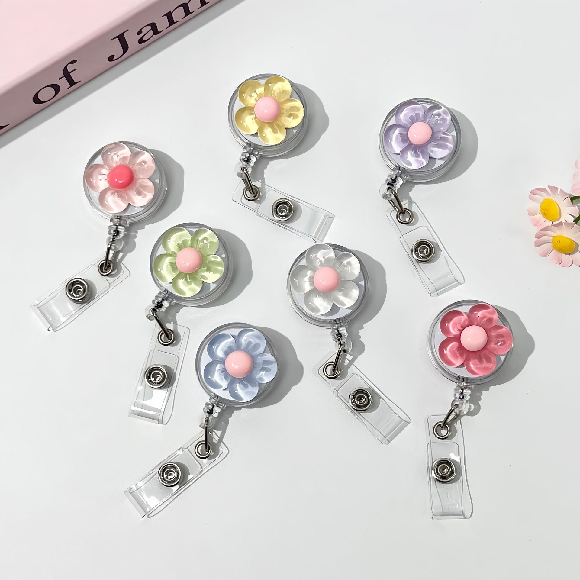 Flower-Themed Retractable Badge Reel with Belt Clip — Durable, Anti-Loss ID Holder for Doctors & Nurses — Self-Retracting Badge Clip