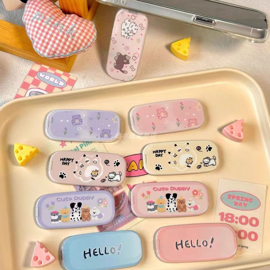 New Foldable Touch-up Mirror & Phone Stand — Cute Cartoon Puppy Design, Adhesive Backing, Dual Horizontal/Vertical Use, Stylish