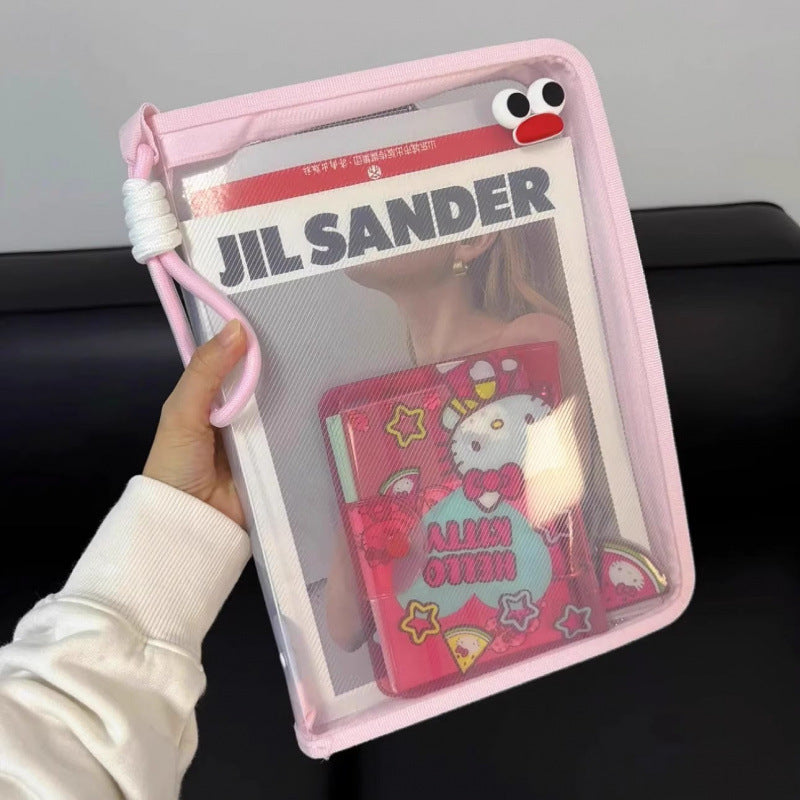 Macaron-colored transparent A4 document bag, large capacity, can hold textbooks, zippered student carry handle, thickened waterproof storage bag.